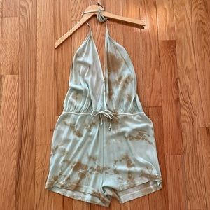Blue and tan tie-dye linen halter romper
